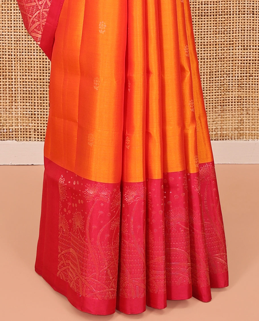 Orange Mayuri Soft Silk Saree, Woven with Buttas All Over the Body, Complemented by a Contrast Floral Design Border, Pallu Steeped with Paisleys, and Paired with a Contrast Blouse
