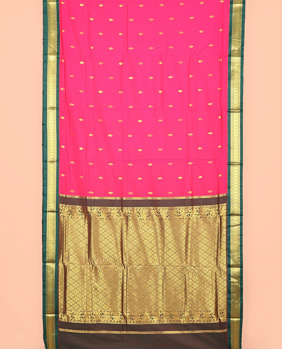 Pink Nine-Yard Art Silk Saree, Spotlighted with Buttas All Over Its Body, Complemented by a Contrast Traditional Zari Design Border, Gand Jaal Design Pallu, and Comes Without a Blouse