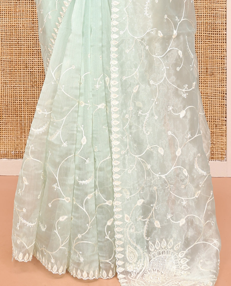 Pale Green Organza Saree, Elegantly Detailed with Floral Vine Embroidery, Scallop Embroidery Border, and a Matching Blouse