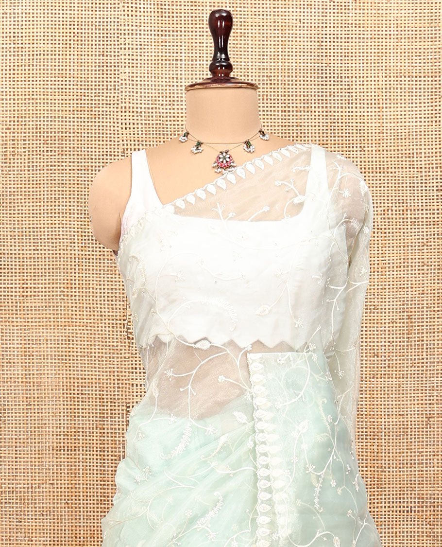 Pale Green Organza Saree, Elegantly Detailed with Floral Vine Embroidery, Scallop Embroidery Border, and a Matching Blouse