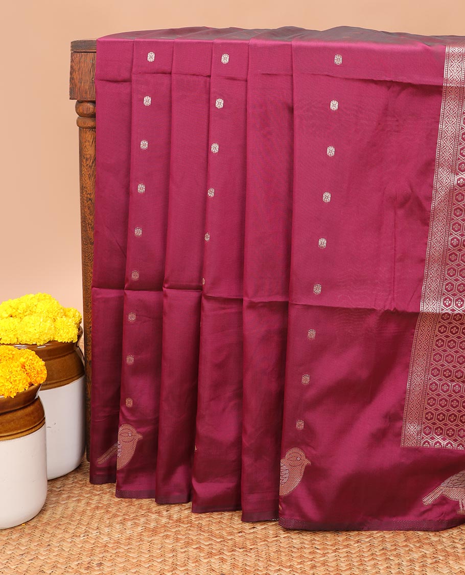 Magenta small butta banaras kathan silk saree with copper silk thread border & rich pallu along with butta design blouse