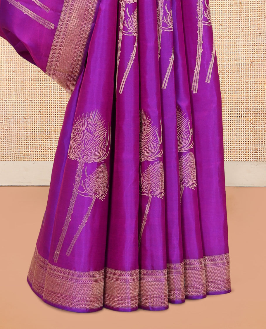 Violet Vasundhara Silk Saree Accentuated with Thazampoo Rekku, and Vel Buttas, Complemented by Zari Border of Manga, Muthu, Kathir, Neli, and Vanki Designs, Pallu Adorned with Jaal Designs, and Paired with a Matching Blouse