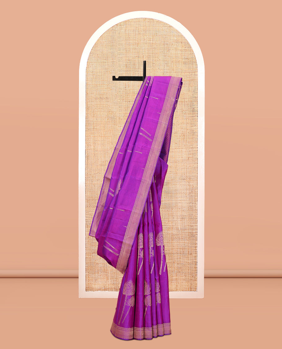 Violet Vasundhara Silk Saree Accentuated with Thazampoo Rekku, and Vel Buttas, Complemented by Zari Border of Manga, Muthu, Kathir, Neli, and Vanki Designs, Pallu Adorned with Jaal Designs, and Paired with a Matching Blouse