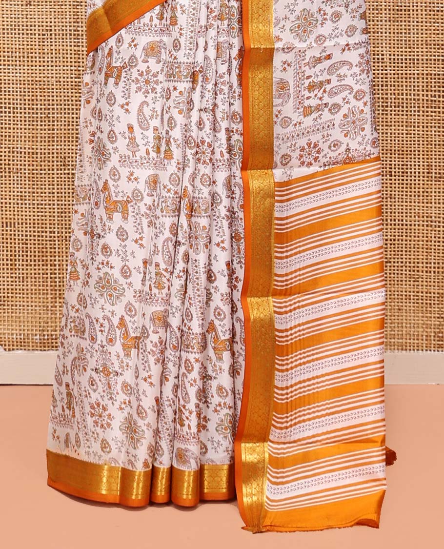 Cream Printed Silk Saree, Artfully Detailed with Flora, Fauna, and Human Motifs Print, Complemented by a Contrast Traditional Zari Border, Striped Pallu, and a Contrast Blouse