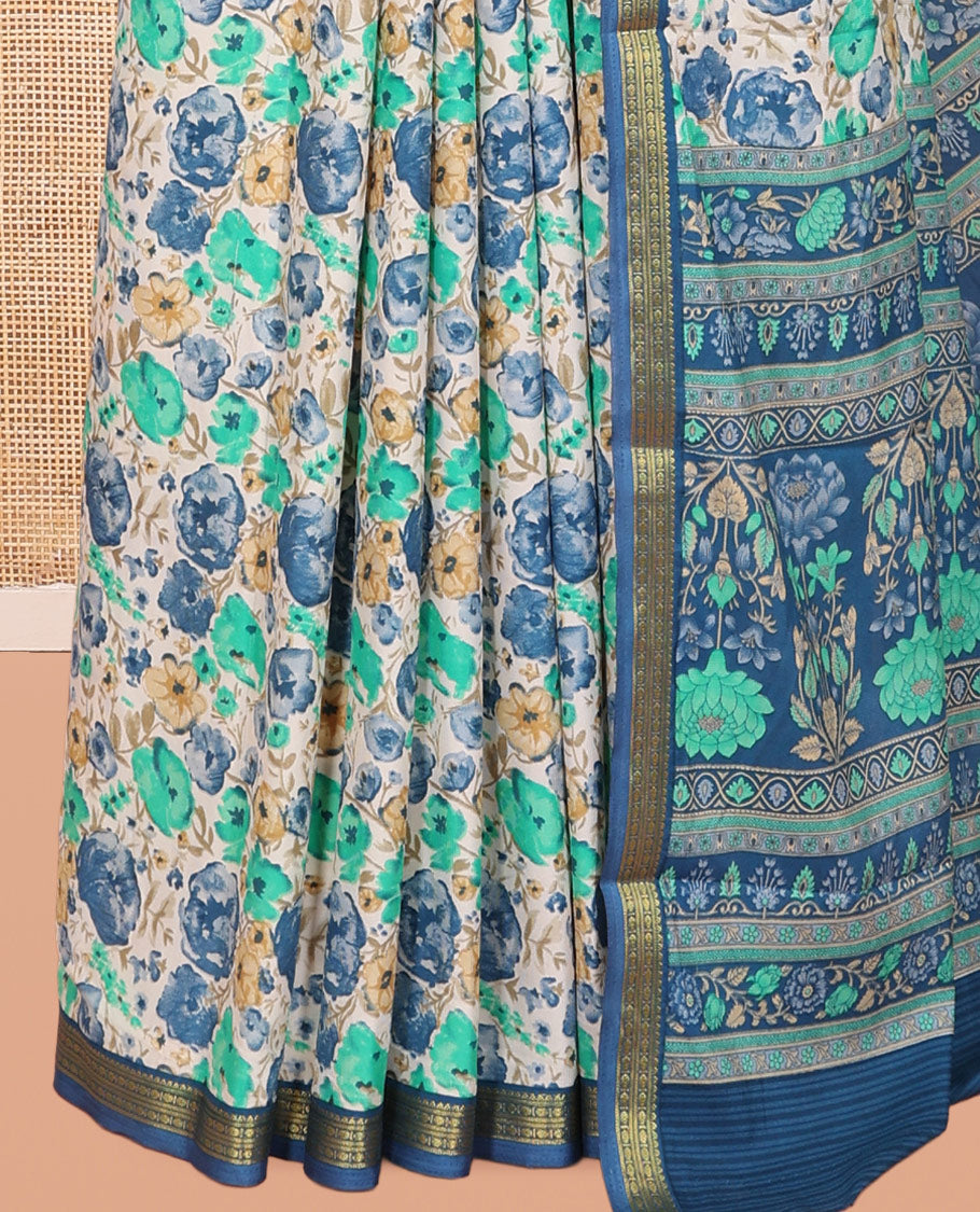 Blue Printed Silk Saree, Graced with Floral Print, a Traditional Zari Border, Floral Pallu, and a Matching Blouse