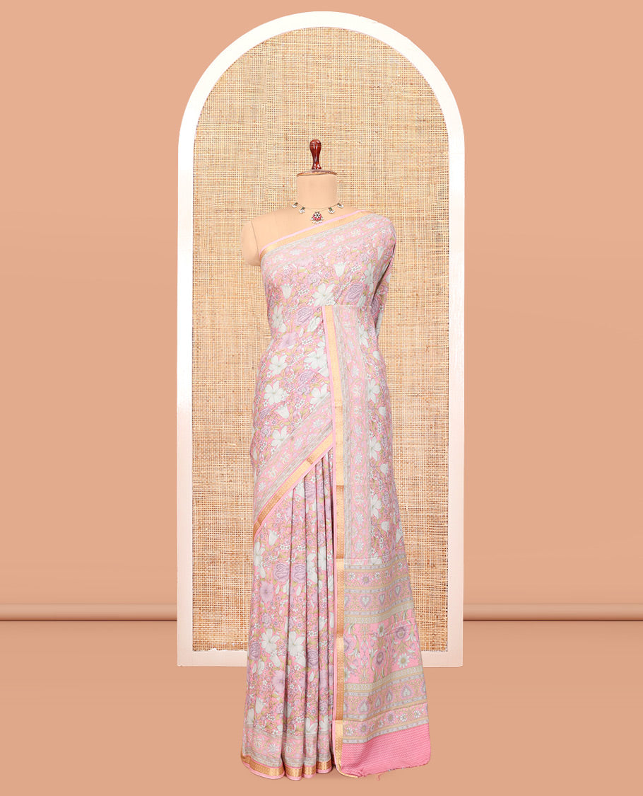 Baby Pink Printed Silk Saree, Ornamented with Floral Print, a Zari Border, Floral Printed Pallu, and a Matching Blouse