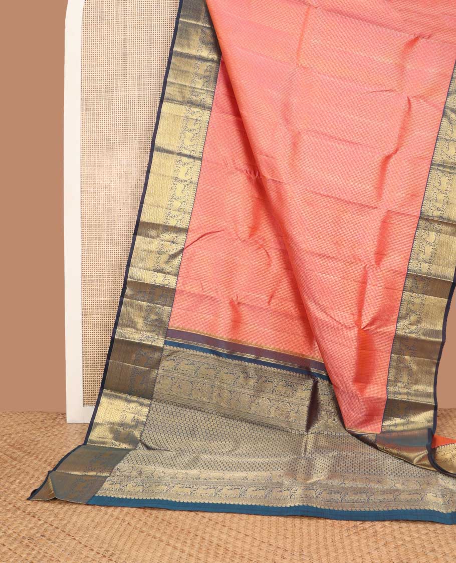 Pink geometric design silk saree with contrast border of manga, muthu, banaras, kuyil kann design & floral pallu