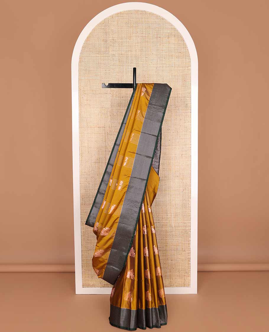 Bown striped floral design soft silk saree with contrast checked design border & floral jaal design pallu