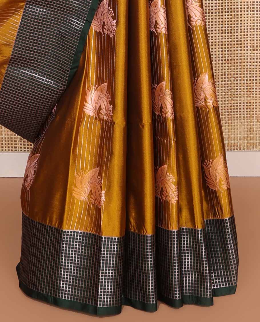Bown striped floral design soft silk saree with contrast checked design border & floral jaal design pallu