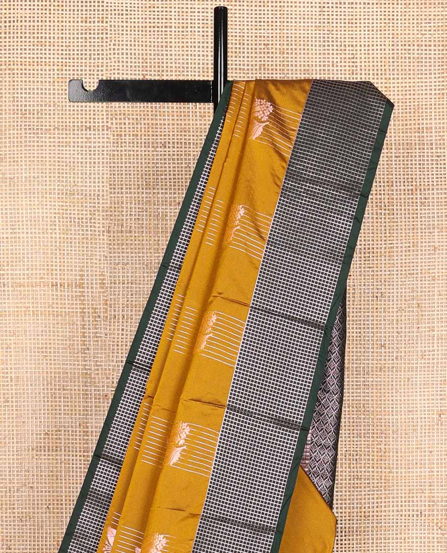 Bown striped floral design soft silk saree with contrast checked design border & floral jaal design pallu