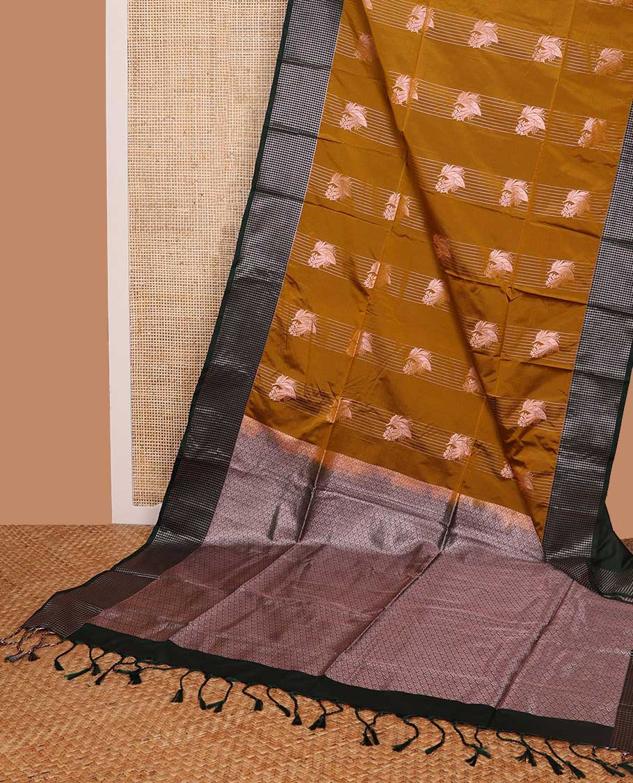 Bown striped floral design soft silk saree with contrast checked design border & floral jaal design pallu