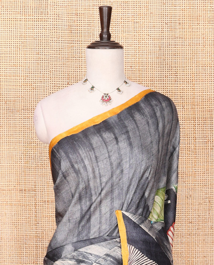 Grey Tussar Saree Printed with Tropical Floral Motifs, Featuring a Contrast Piping-Style Plain Border, Pallu of Unique Print, and a Matching Plain Blouse