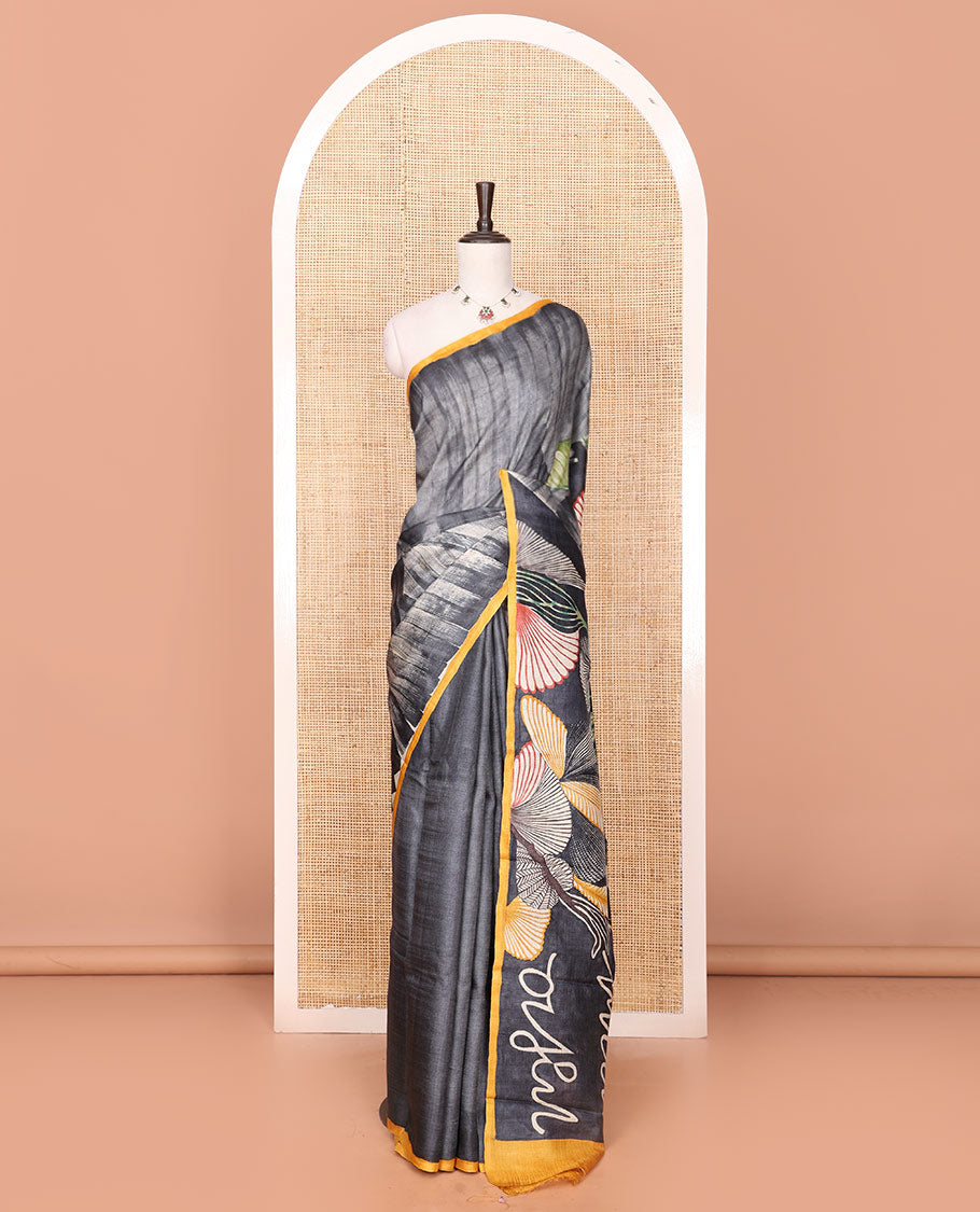 Grey Tussar Saree Printed with Tropical Floral Motifs, Featuring a Contrast Piping-Style Plain Border, Pallu of Unique Print, and a Matching Plain Blouse