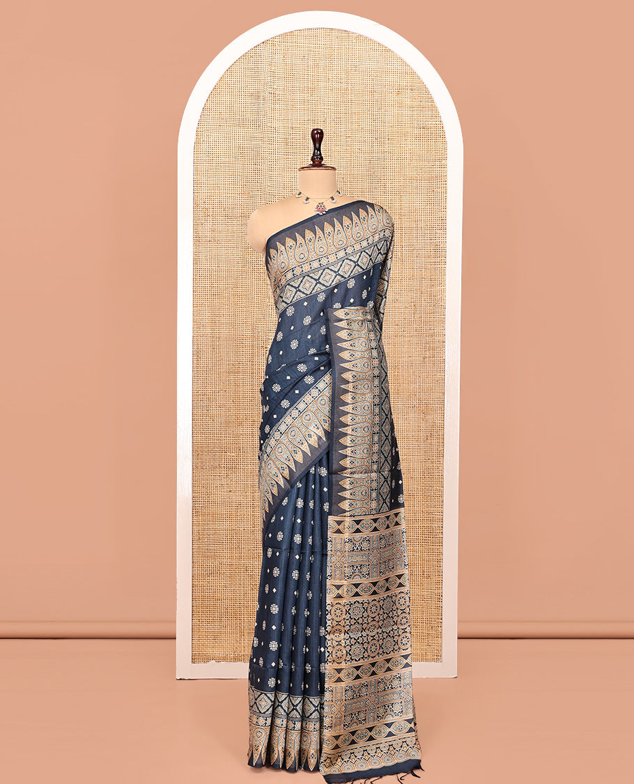 Dark Grey Buttas Tussar Silk Saree, an Ajrakh-Printed Border, Ajrakh Pallu, and Contrast Blouse