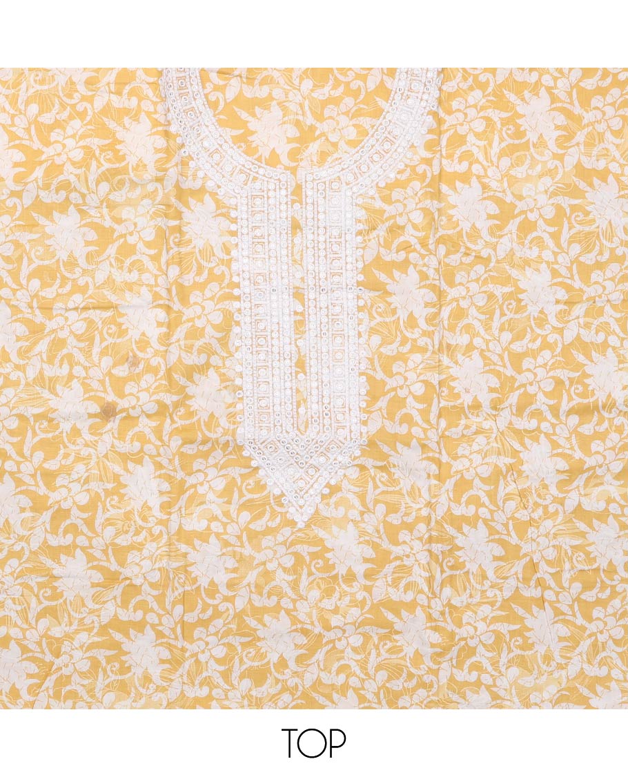 Yellow cotton material churidar set, floral printed with neck embroidered top, tiger skin style printed bottom, and dupatta of floral and animal print