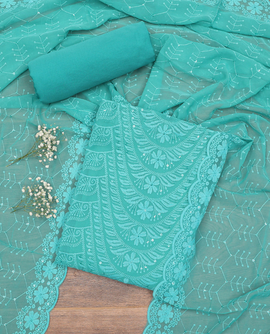 Blue Material Chudidar Set, Highlighted by Chikankari-Style Thread and Sequins Embroidery on Georgette Top, a Plain Santoon Bottom, and Paired with a Geometric Embroidery Georgette Dupatta