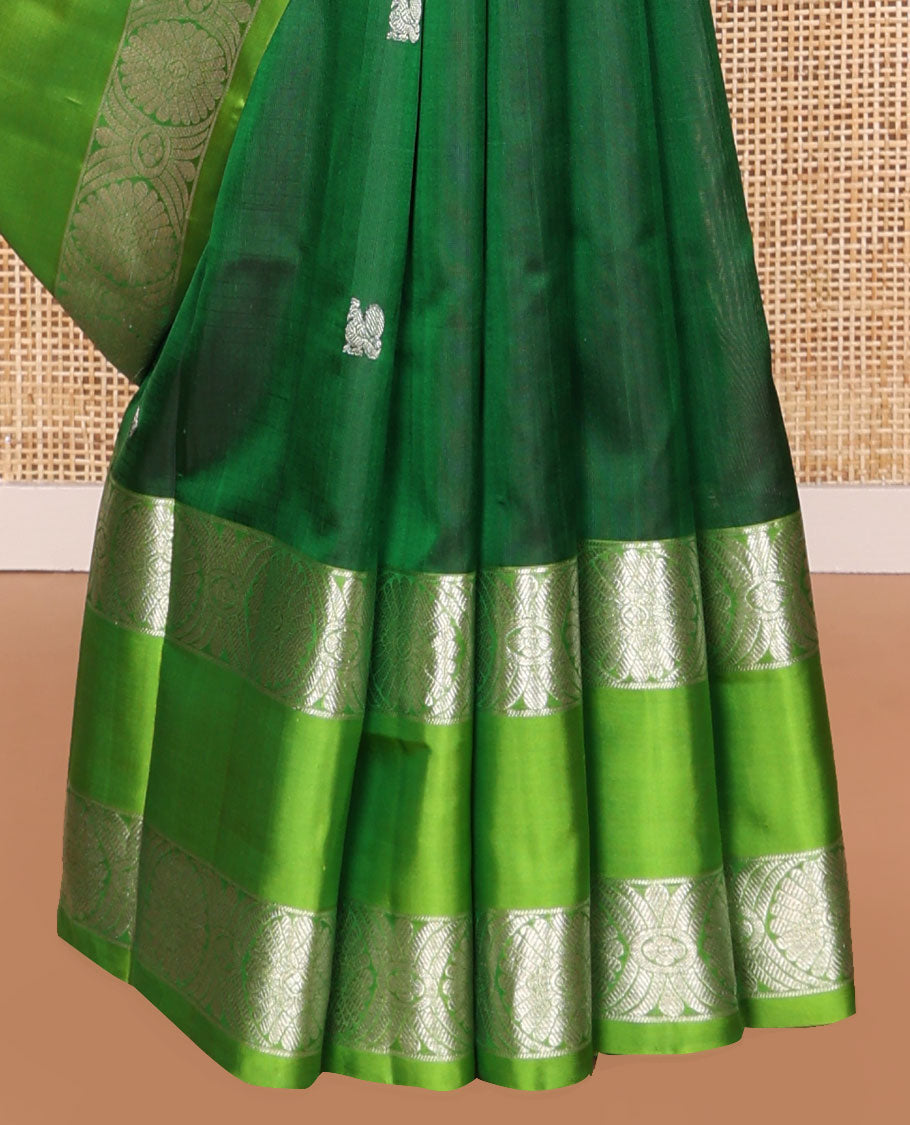 Dark green motifs venkatagiri silk saree with contrast rettai pettu zari design border & argyle design pallu