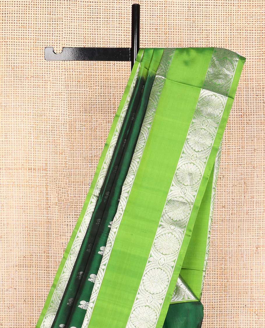 Dark green motifs venkatagiri silk saree with contrast rettai pettu zari design border & argyle design pallu