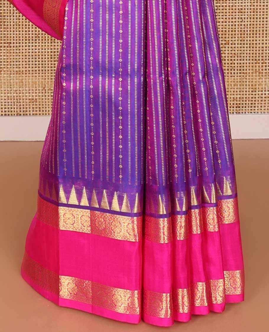 Purple striped design venkatagiri silk saree with contrast rettai pettu zari design border & floral design pallu