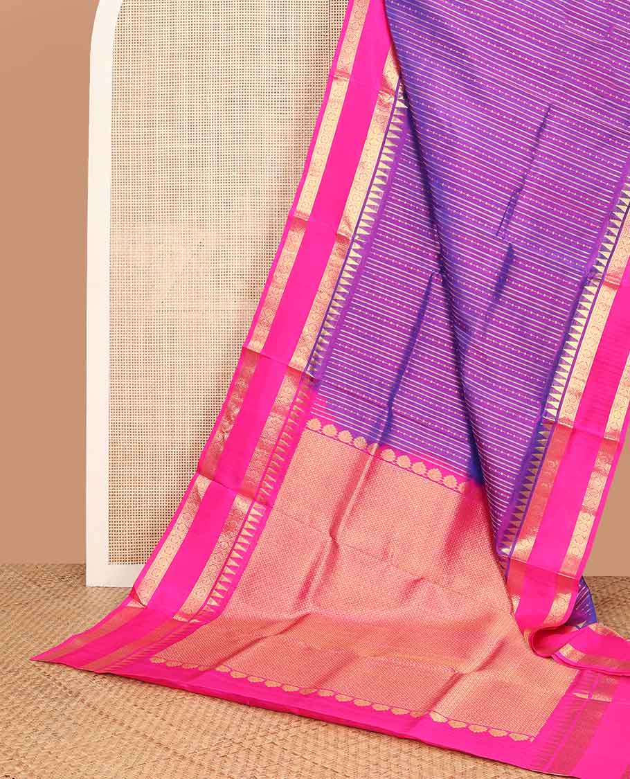 Purple striped design venkatagiri silk saree with contrast rettai pettu zari design border & floral design pallu