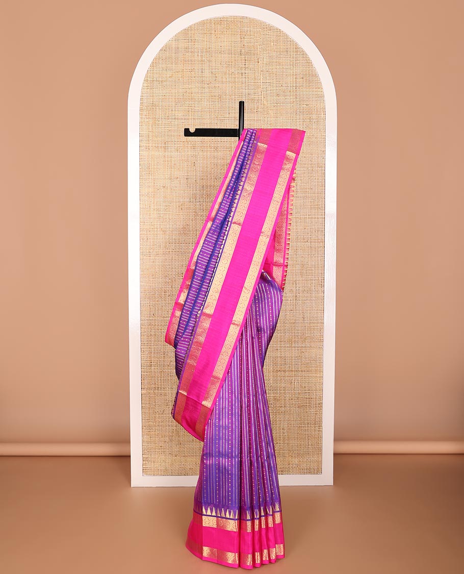 Purple striped design venkatagiri silk saree with contrast rettai pettu zari design border & floral design pallu