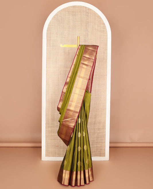 Green zari buttas Vasundhara silk mix saree, contrast manga & rudraksham border & jaal pallu