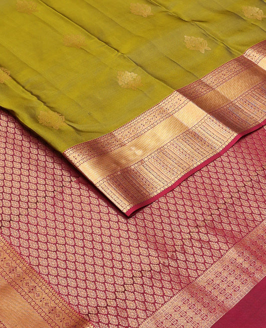 Green zari buttas Vasundhara silk mix saree, contrast manga & rudraksham border & jaal pallu