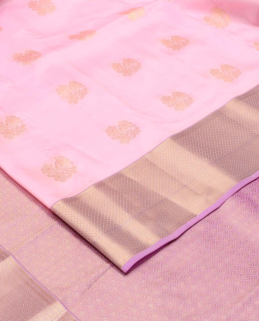 Pink zari buttas Vasundhara silk mix saree, contrast zari border of rekku, kathir, then kuli kann, and mayil kann, and jaal pallu