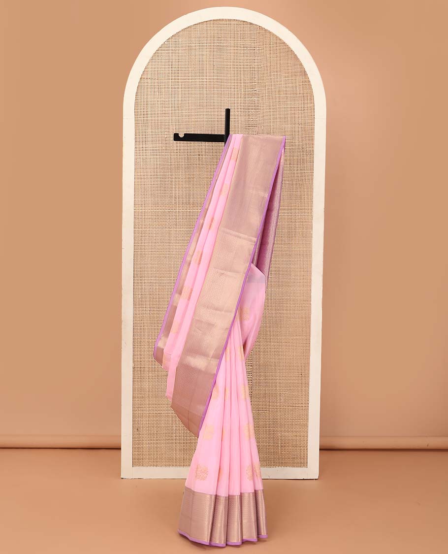 Pink zari buttas Vasundhara silk mix saree, contrast zari border of rekku, kathir, then kuli kann, and mayil kann, and jaal pallu