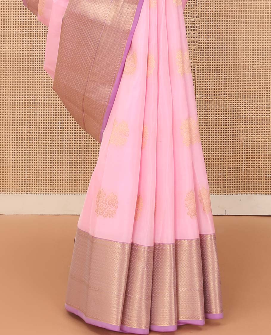 Pink zari buttas Vasundhara silk mix saree, contrast zari border of rekku, kathir, then kuli kann, and mayil kann, and jaal pallu