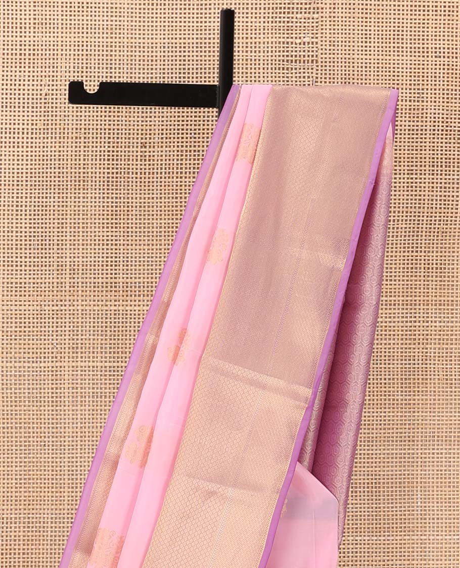 Pink zari buttas Vasundhara silk mix saree, contrast zari border of rekku, kathir, then kuli kann, and mayil kann, and jaal pallu