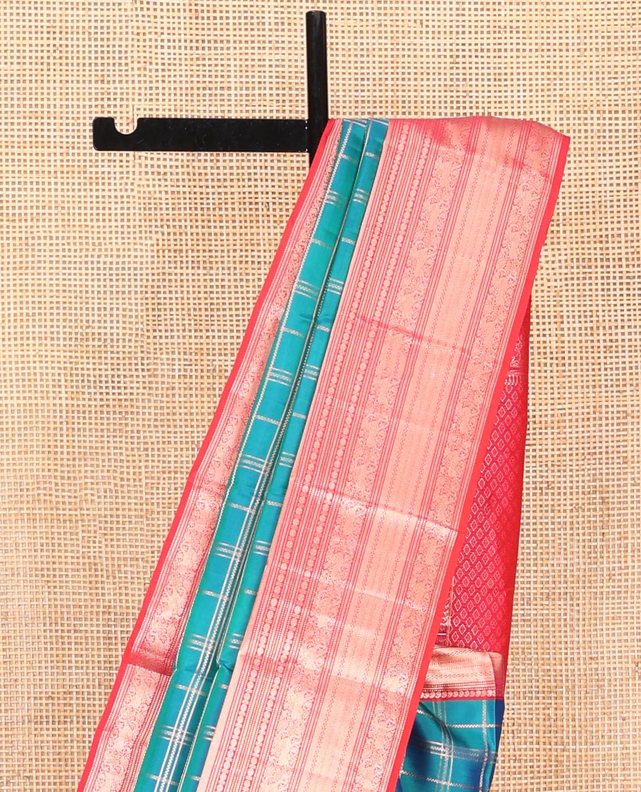 Green Vasundhara Silk Saree, Enriched with Zari Checked Design on Its Body, Complemented by Contrast Border of Manga, Muthu, Rudraksham, and Yaali Designs, Grandly Woven Jaal Pallu, and Paired with a Contrast Blouse