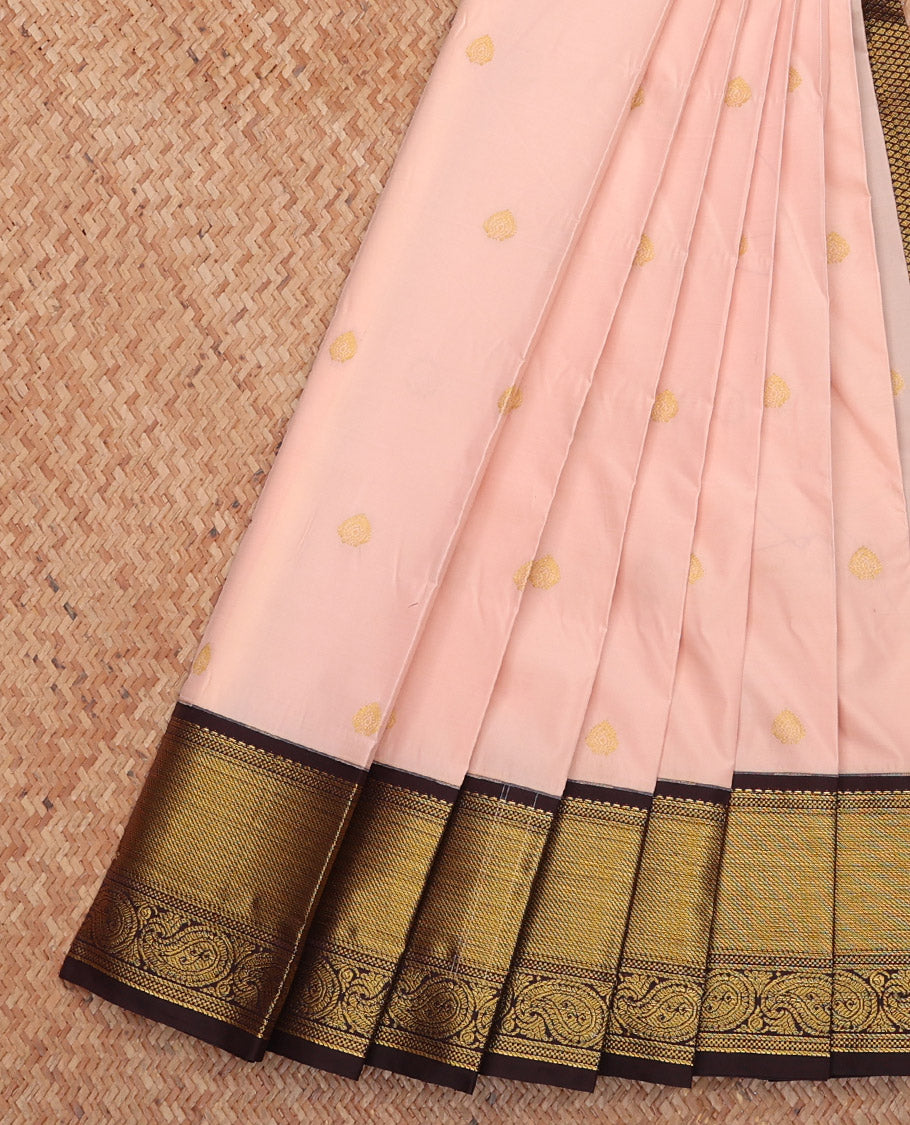 Light Peach Budget Silk Saree, Sparsely Threaded with Zari Buttas, Complemented by a Contrast Traditional Zari Border, Grand Pallu, and Contrast Blouse