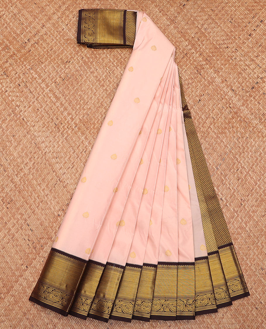 Light Peach Budget Silk Saree, Sparsely Threaded with Zari Buttas, Complemented by a Contrast Traditional Zari Border, Grand Pallu, and Contrast Blouse
