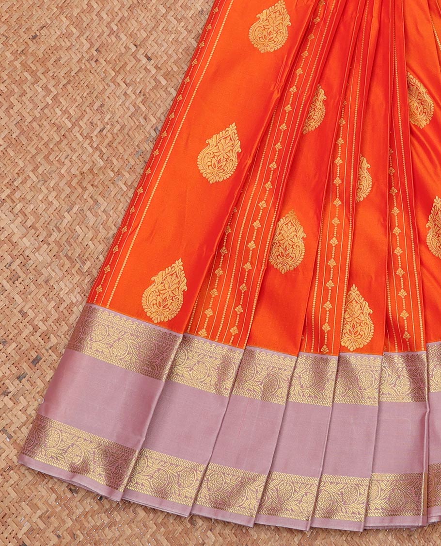 Orange Budget Silk Saree, Accentuated with Zari Designs, Complemented by a Contrast Traditional Zari Rettai Pettu Border, Grand Pallu, and a Contrast Blouse
