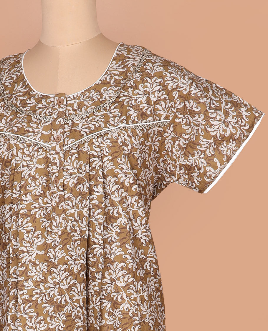 Brown paisley print with lace work round neck half-sleeve cotton nighty