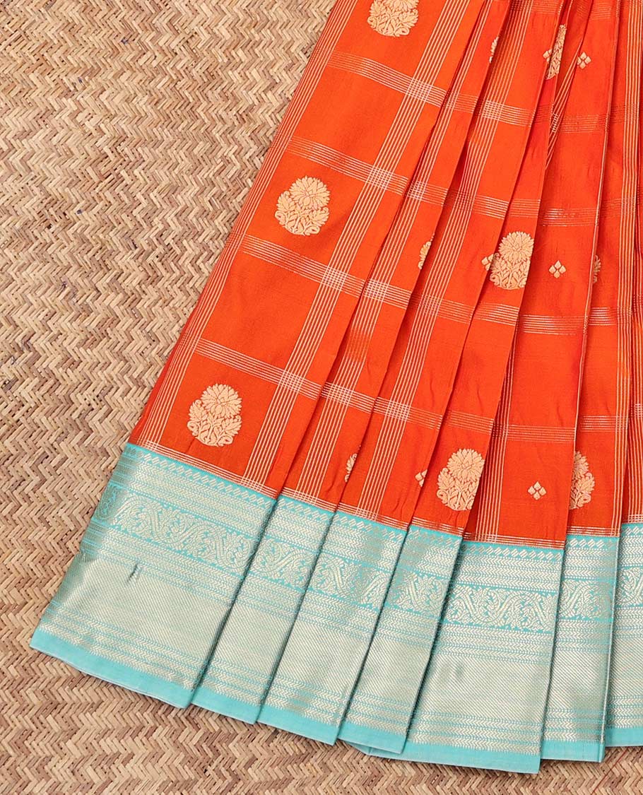 Orange Budget Silk Saree, Embellished with Zari Butta Enclosed Checks, a Contrast Traditional Zari Border, Grand Pallu, and a Contrast Blouse