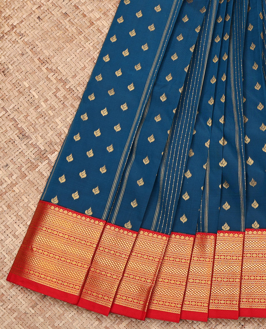 Blue Budget Silk Saree, Beautifully Bedecked with Zari Buttas on Its Body, Complemented by a Contrast Traditional Zari Design Border, Grand Geometric-Patterned Pallu, and Paired with a Contrast Blouse