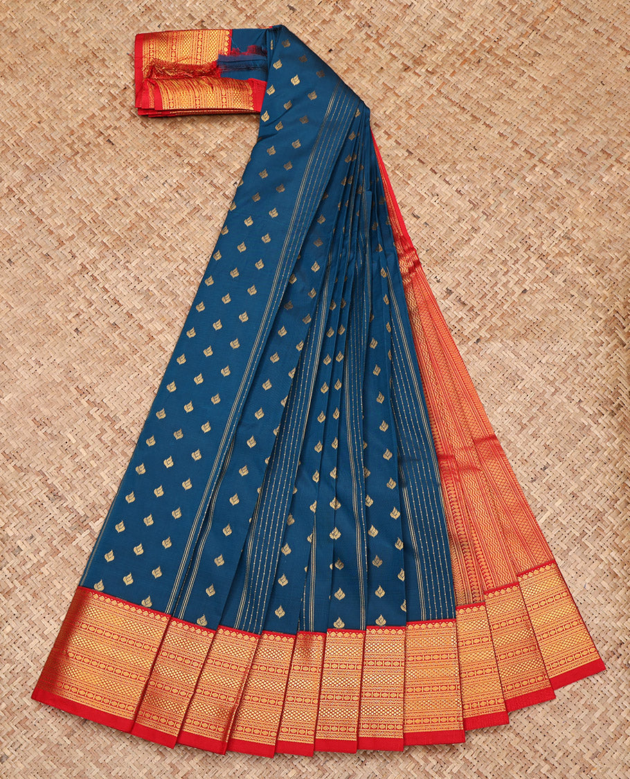 Blue Budget Silk Saree, Beautifully Bedecked with Zari Buttas on Its Body, Complemented by a Contrast Traditional Zari Design Border, Grand Geometric-Patterned Pallu, and Paired with a Contrast Blouse