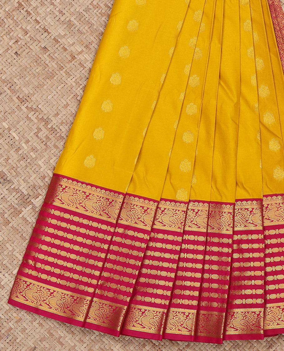 Yellow Budget Silk Saree, Sparsely Woven with Zari Buttas All Over Its Body, Complemented by Contrast Traditional Zari Border of Peacock and Rudrksham Designs, Grand Jaal-Patterned Pallu, and Paired with a Contrast Blouse