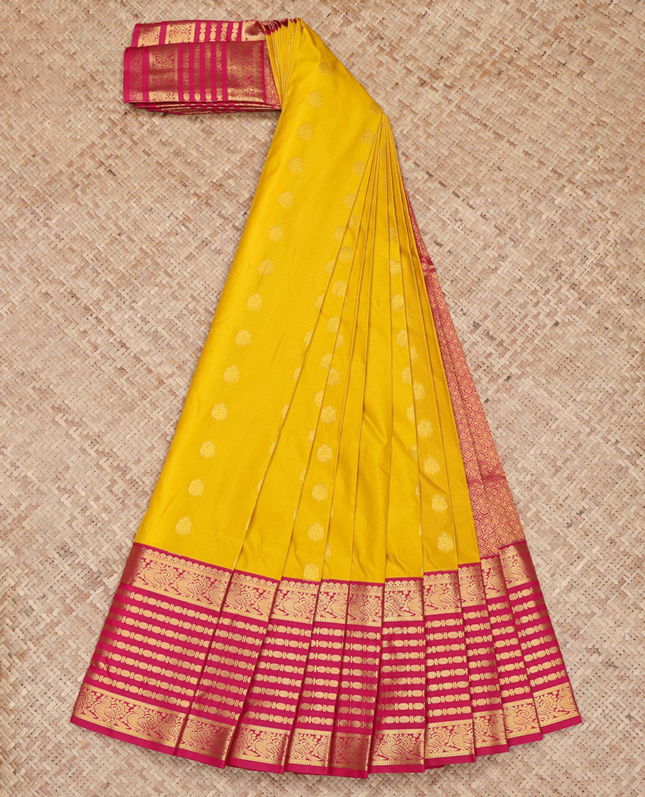 Yellow Budget Silk Saree, Sparsely Woven with Zari Buttas All Over Its Body, Complemented by Contrast Traditional Zari Border of Peacock and Rudrksham Designs, Grand Jaal-Patterned Pallu, and Paired with a Contrast Blouse