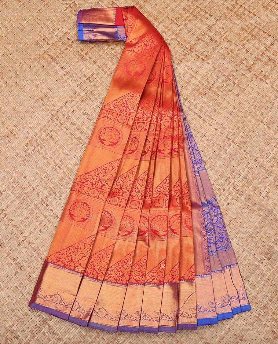 Red Budget Silk Saree, Majestically Detailed with Jacquard, Complemented by a Contrast Traditional Zari Border, Grand Pallu, and a Contrast Blouse