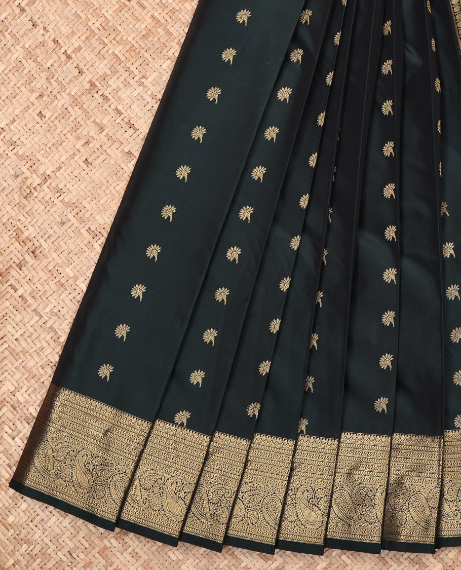 Dark Green Budget Silk Saree Featuring Zari Buttas, Highlighted by a Traditional Zari Border, Intricate Pallu, and a Matching Blouse
