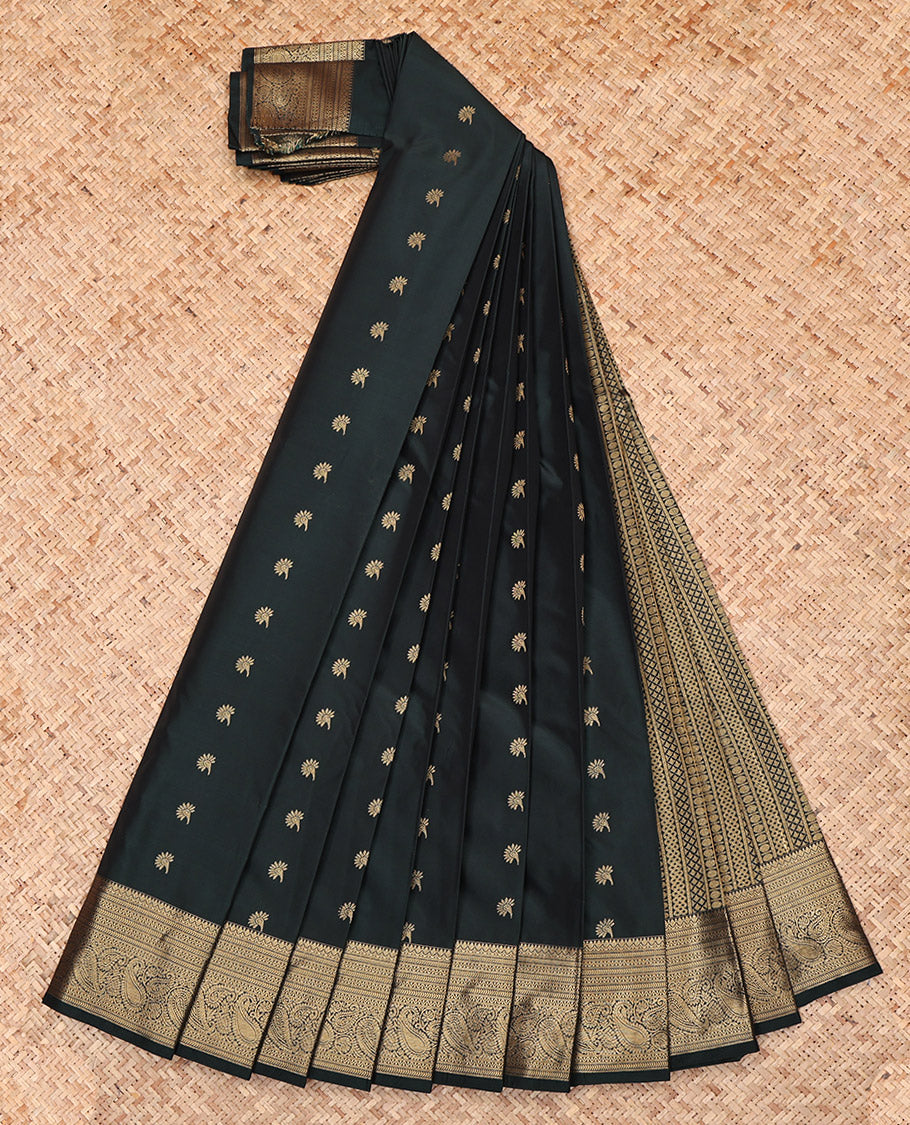 Dark Green Budget Silk Saree Featuring Zari Buttas, Highlighted by a Traditional Zari Border, Intricate Pallu, and a Matching Blouse