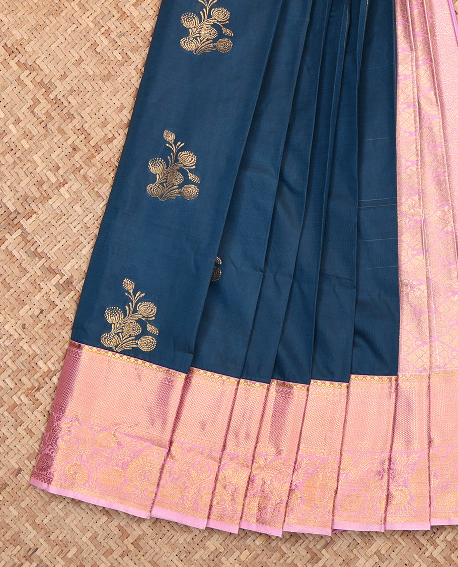 Blue Budget Silk Saree, Gleamed Up with Zari Buttas, Complemented by a Contrast Traditional Border, Jaal Pallu, and a Contrast Blouse
