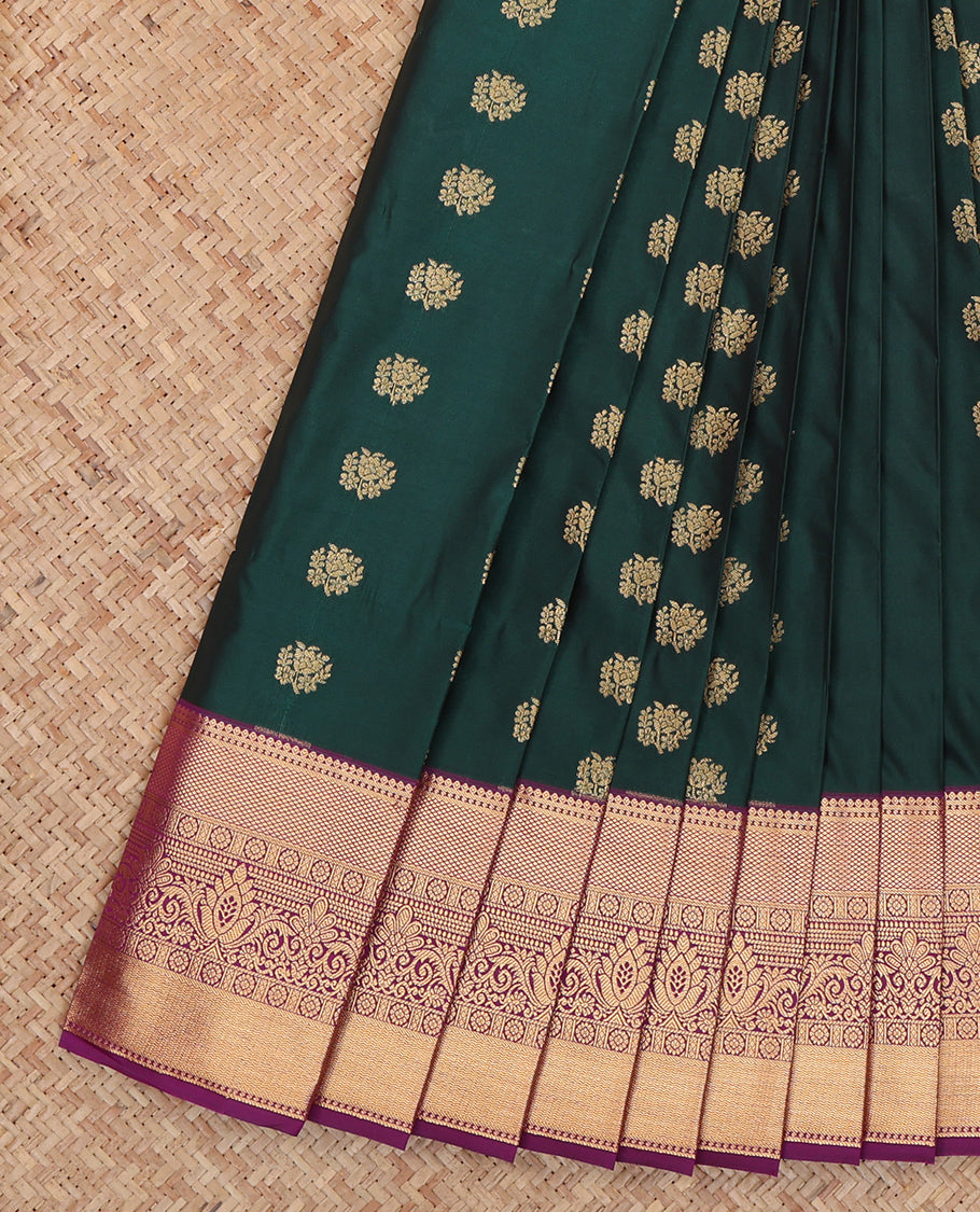 Green Budget Silk Saree, Delicately Woven with Zari Buttas, Complemented by a Contrast Traditional Zari Border, Grand Pallu, and a Contrast Blouse