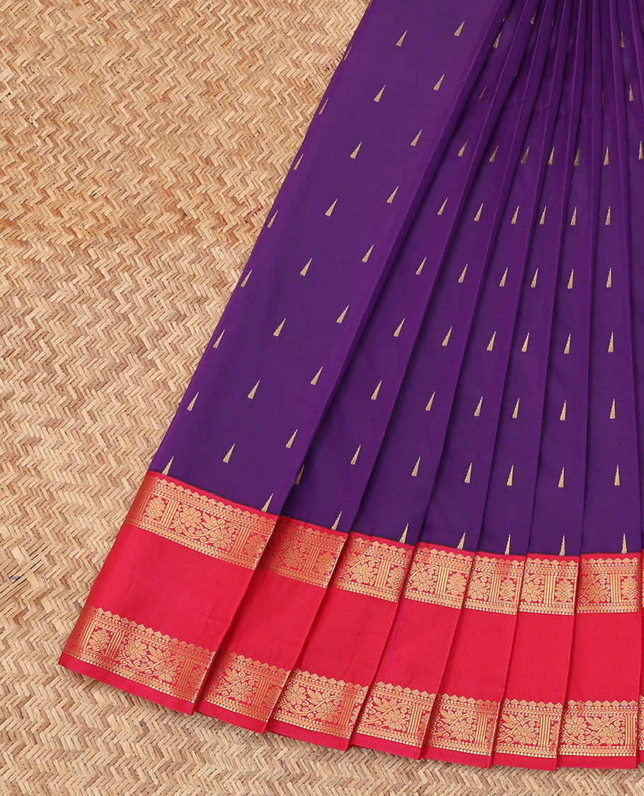Violet Budget Silk Saree, Elevated with Zari Buttas, Complemented by Contrast Traditional Rettai Pettu Zari Border, a Grand Pallu and a Contrast Blouse