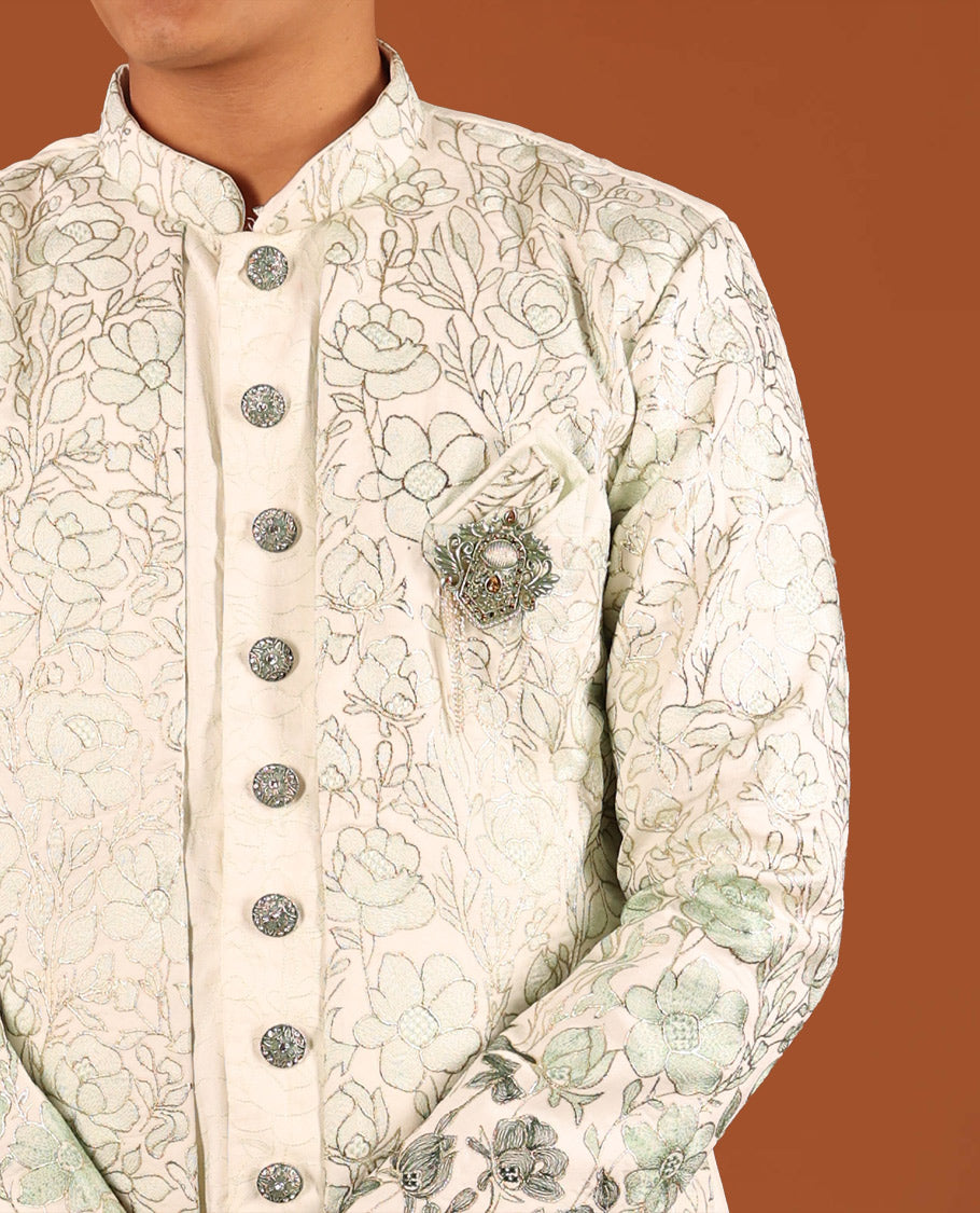 Cream Floral Vine-Themed Embroidered Full-Sleeved Men's Kurta Comes with Matching Pants