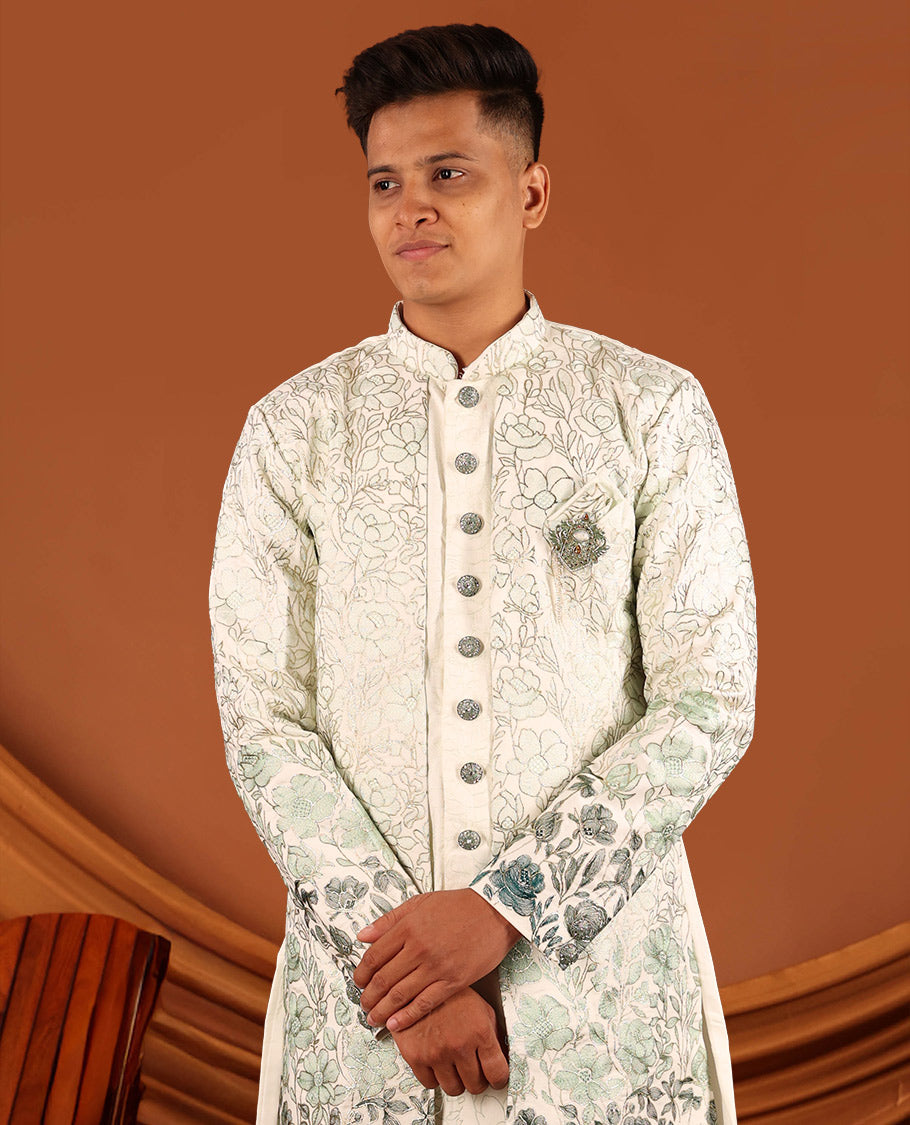 Cream Floral Vine-Themed Embroidered Full-Sleeved Men's Kurta Comes with Matching Pants