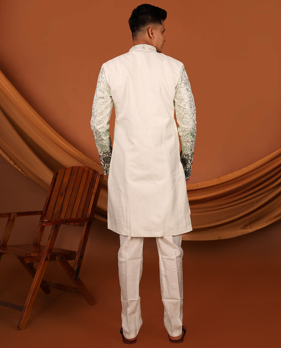 Cream Floral Vine-Themed Embroidered Full-Sleeved Men's Kurta Comes with Matching Pants